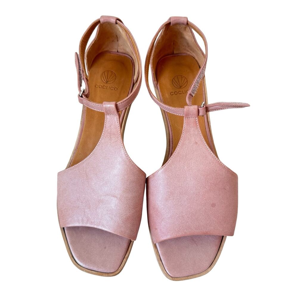 COCLICO Leather T Strap Square Toe Sandals Mauve Pink Size 38.5/ 8-8.5